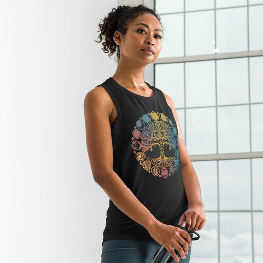 - Ladies’ Muscle Tank Chakra Yoga - Retro Ravers - chakra