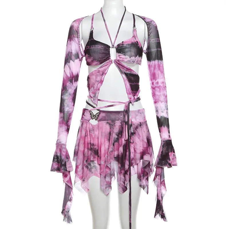Set Dresses - Women Y2k Ruffle Butterfly 2 Piece Outfit - Retro Ravers - rave outfit