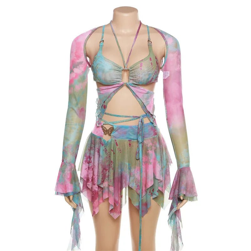 Set Dresses - Women Y2k Ruffle Butterfly 2 Piece Outfit - Retro Ravers - rave outfit