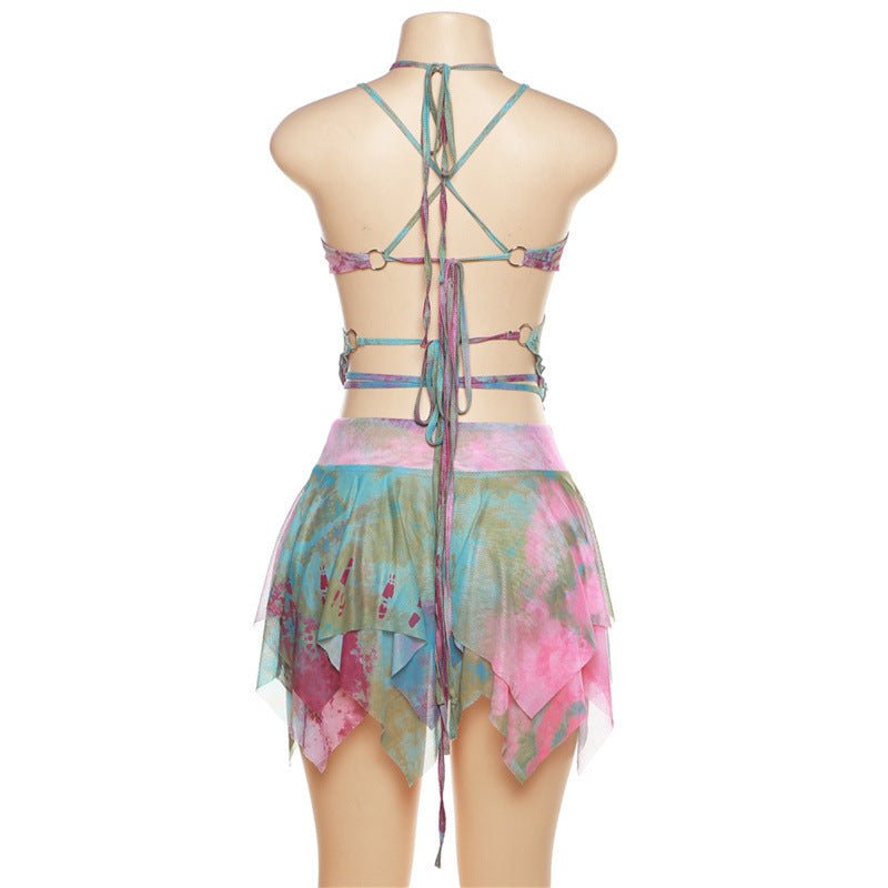 Set Dresses - Women Y2k Ruffle Butterfly 2 Piece Outfit - Retro Ravers - rave outfit