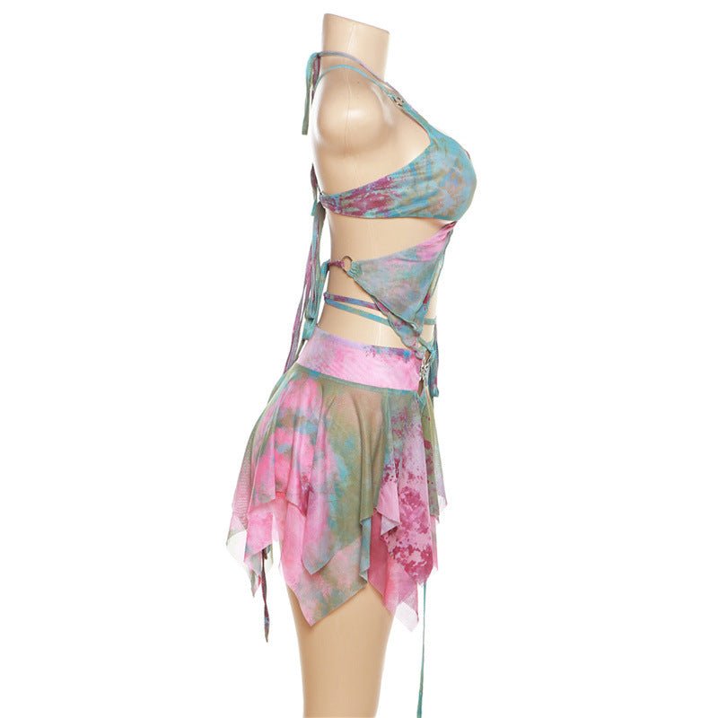 Set Dresses - Women Y2k Ruffle Butterfly 2 Piece Outfit - Retro Ravers - rave outfit