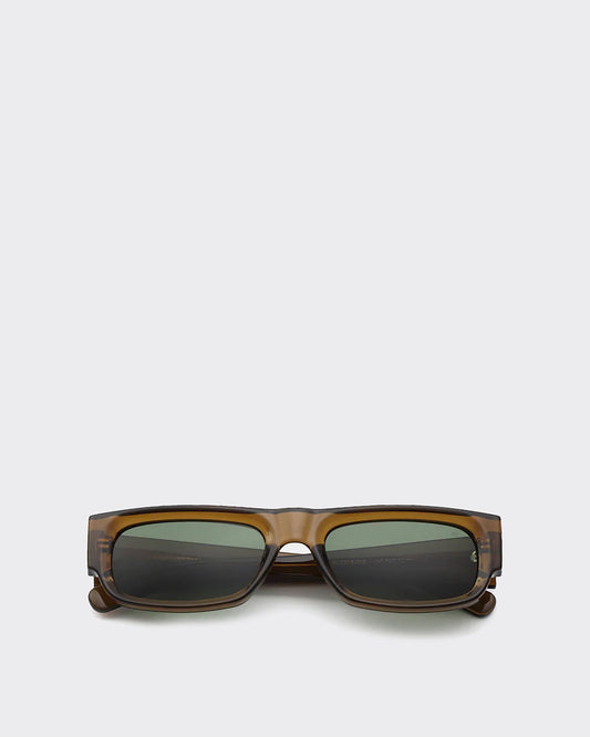 Sunglasses with a brown frame and dark lenses on a light gray background
