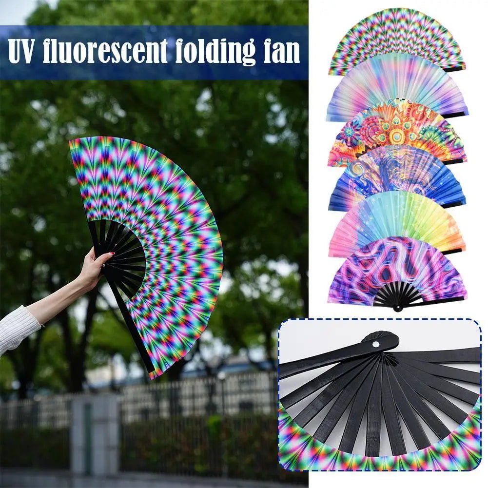 Hand Fan - Gradient UV Glow Bamboo Folding Hand Fan – Reflective Rave Accessory - Retro Ravers - Hand Fan