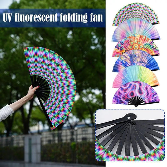 Hand Fan - Gradient UV Glow Bamboo Folding Hand Fan – Reflective Rave Accessory - Retro Ravers - Hand Fan