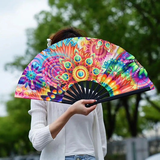 Hand Fan - Gradient UV Glow Bamboo Folding Hand Fan – Reflective Rave Accessory - Retro Ravers - Hand Fan