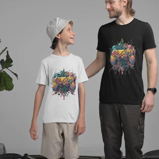 bella-canvas-t-shirt-video-of-a-happy-man-and-a-boy-in-a-camping-themed-setting-youth