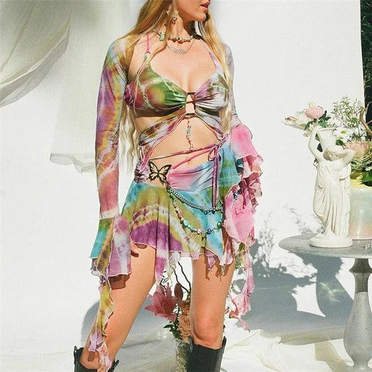 Set Dresses - Women Y2k Ruffle Butterfly 2 Piece Outfit - Retro Ravers - rave outfit