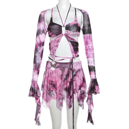Set Dresses - Women Y2k Ruffle Butterfly 2 Piece Outfit - Retro Ravers - rave outfit
