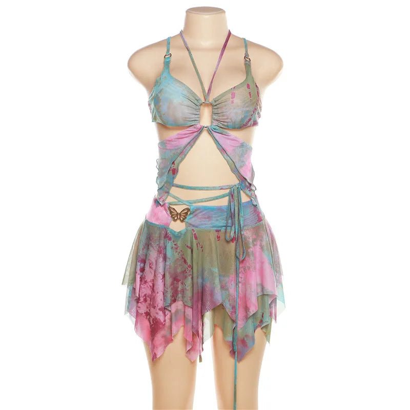 Set Dresses - Women Y2k Ruffle Butterfly 2 Piece Outfit - Retro Ravers - rave outfit