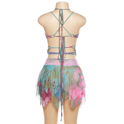 Set Dresses - Women Y2k Ruffle Butterfly 2 Piece Outfit - Retro Ravers - rave outfit