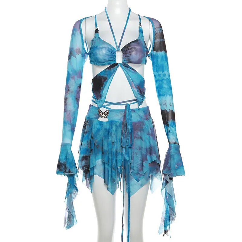 Set Dresses - Women Y2k Ruffle Butterfly 2 Piece Outfit - Retro Ravers - rave outfit