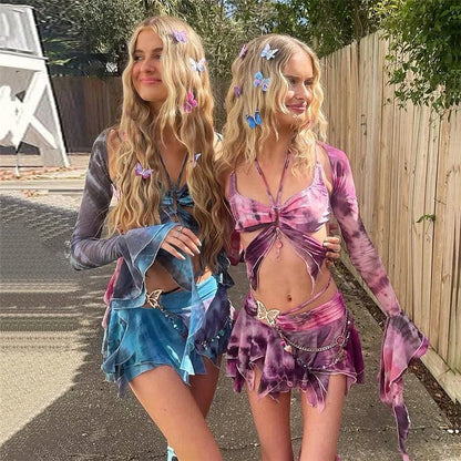 Set Dresses - Women Y2k Ruffle Butterfly 2 Piece Outfit - Retro Ravers - rave outfit